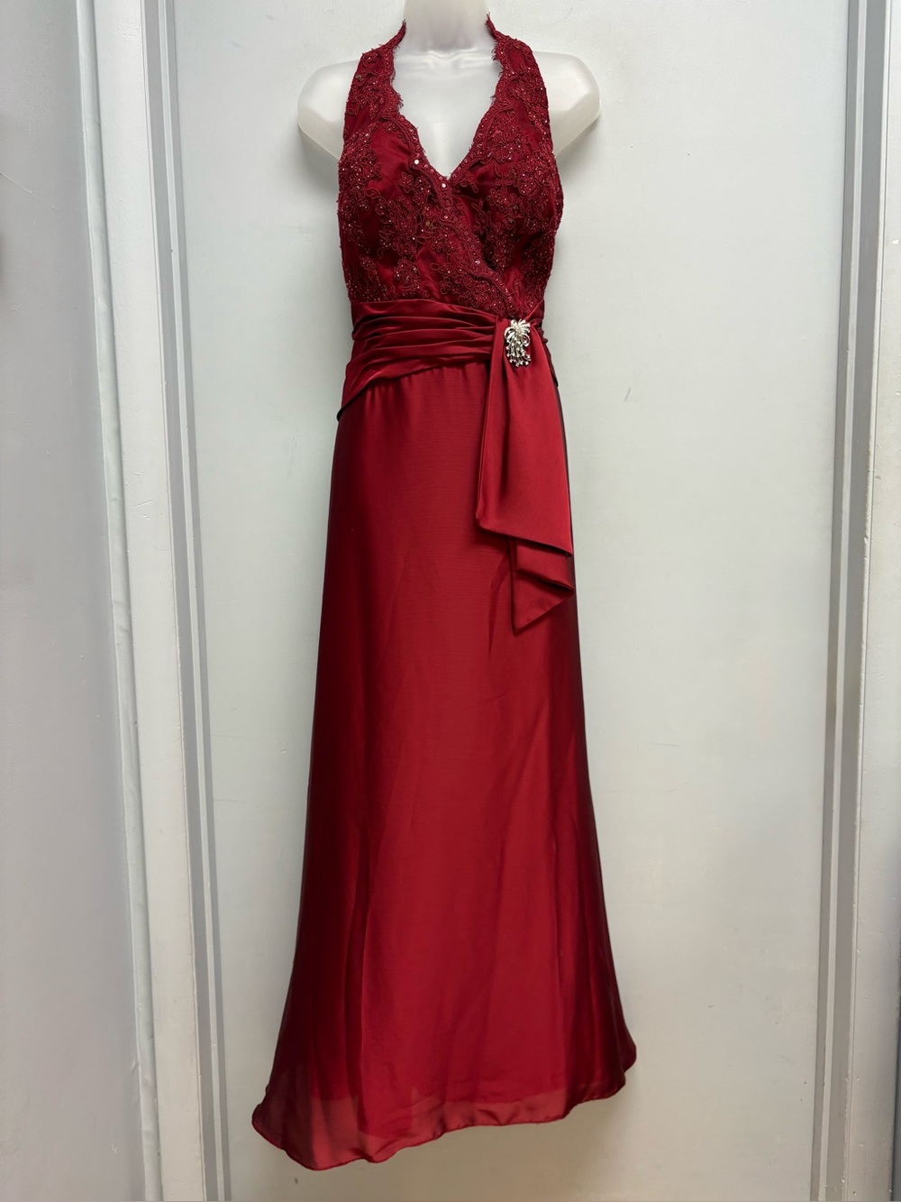 Cameron Blake by Mon Cheri Burgundy Lace Halter Evening Gown with Shawl